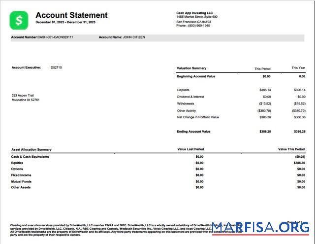 Blank USA Cash App Investing account statement word example